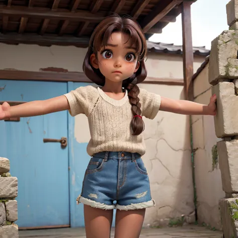 A girl around 10 years old playing with her arms outstretched, Brown Hair, Brown eyes and small braids, Torn shorts