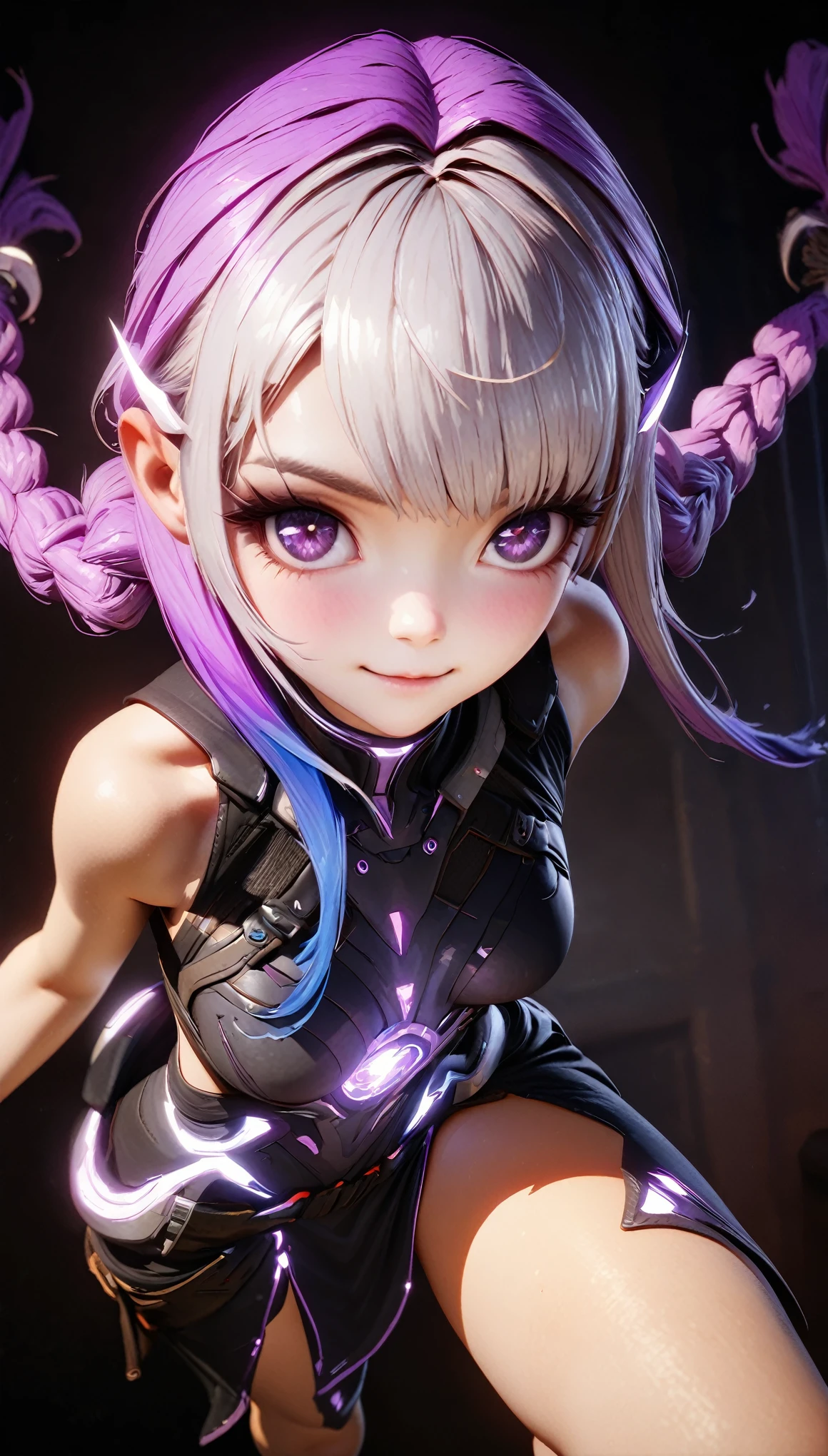 (masterpiece, best quality:1.2), 1girl, solo，Black and white metallic hair accessories，blue-purple gradient hair tips，purple hair，twin braids，fullbody，anatomical correct:2，yinji，anatomical correct:2，,smile，high saturation, extremely hyper aesthetic intricate detailed, sharp focus, bewitching lighting, trending on artstation, cinematic lighting, unreal engine, octane render, HDR, Unreal Engine 5, Octane Render, Cinematic, 32k, Natural Lighting, Ray Tracing Global Illumination, Digitally Enhanced, PhotoReal, Hyperdetailed, VFX, High Fidelity, expressive, cinematic look, intricate details, insanely detailed, Photorealism,volumetric lighting