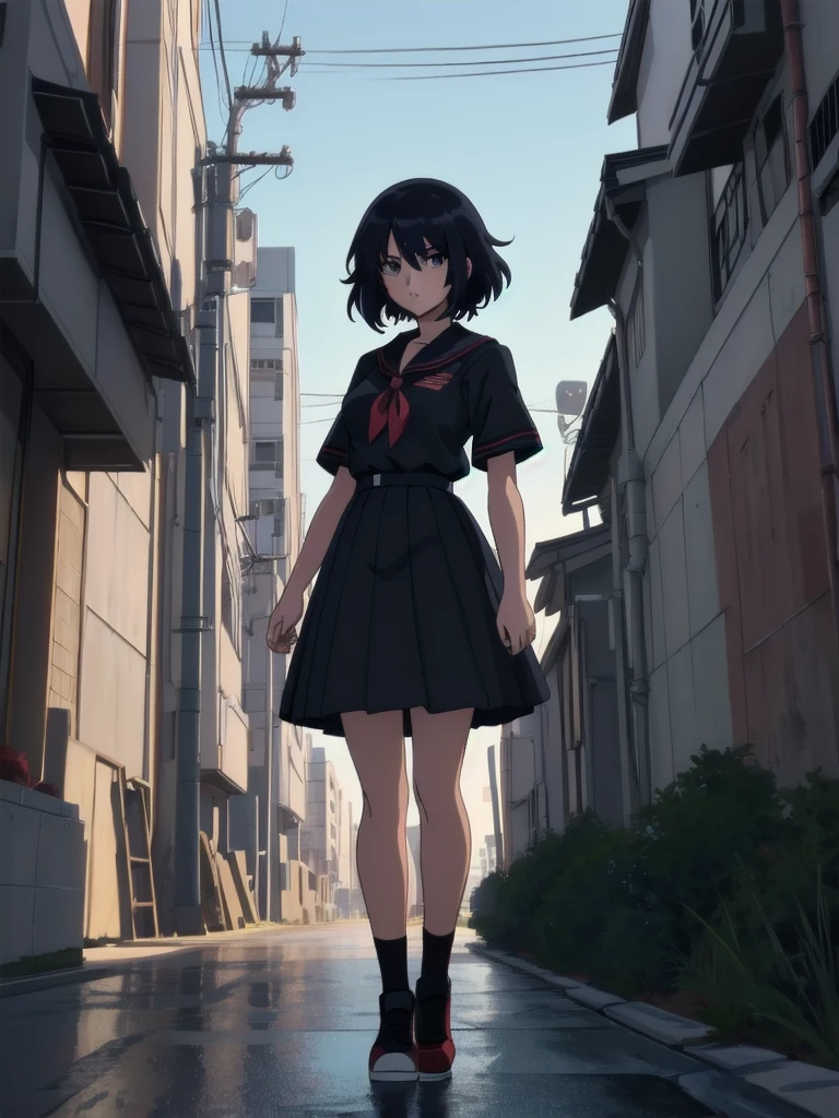 (composition parfaite), (haute résolution, chef-d&#39;œuvre, ultra meilleure qualité, Ultra HD, 4k,HD, très détaillé ),personnage d&#39;anime fille délinquante Sukeban debout sur un coin de rue de la ville en seifuku noir avec jupe très longue noire, Style animé. 8k, Style animé mixed with fujifilm, fille d&#39;anime rétro, Style animéd digital art, à Tokyo, Style animé illustration, Style animé 4 k, Style animé artwork, anime affiche film encore portrait, scène d&#39;anime de tokyo, modern Style animé, Style animé digital art, Cheveux courts, 26 ans, converse rouge,