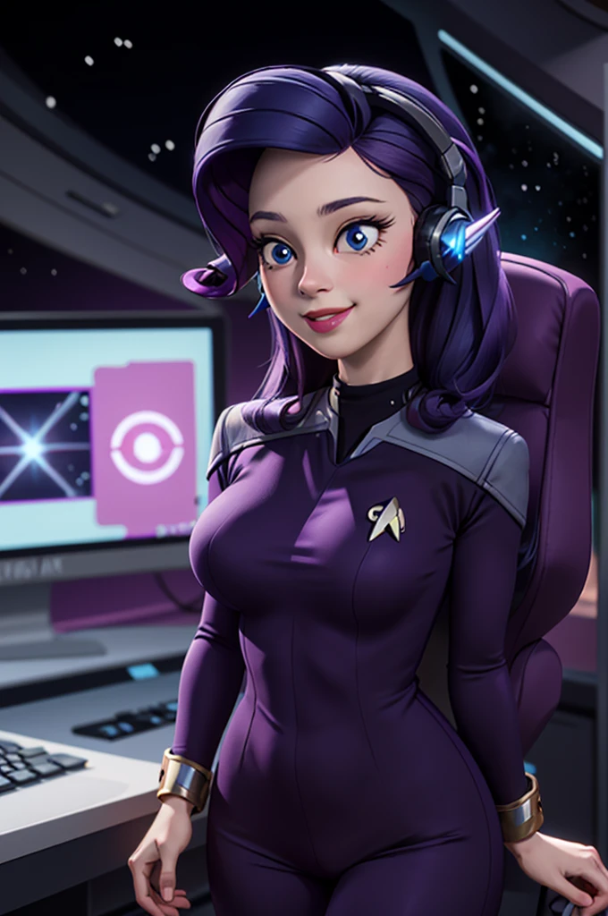 wide shot, ((best quality)), ((highly detailed)), masterpiece, (detailed eyes, deep eyes), (1girl), dynamic angle, cowboy shot, mlprarity, woman, smile, looking at viewer, ((bright purple hair)), ((blue eyes)), Standing next to a computer panel, (((wearing a headphones))), large breasts, realistic proportions, curvy body, lipstick, curvy hips, busty, subtly visible breasts, (((star trek warp core background))), dim lighting, facing computer screen, 