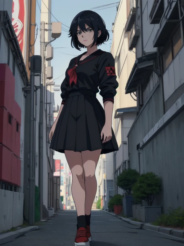 (composition parfaite), (haute résolution, chef-d&#39;œuvre, ultra meilleure qualité, Ultra HD, 4k,HD, très détaillé ),personnage d&#39;anime fille délinquante Sukeban debout sur un coin de rue de la ville en seifuku noir avec jupe très longue noire, Style animé. 8k, Style animé mixed with fujifilm, fille d&#39;anime rétro, Style animéd digital art, à Tokyo, Style animé illustration, Style animé 4 k, Style animé artwork, anime affiche film encore portrait, scène d&#39;anime de tokyo, modern Style animé, Style animé digital art, Cheveux courts, 26 ans, converse rouge,