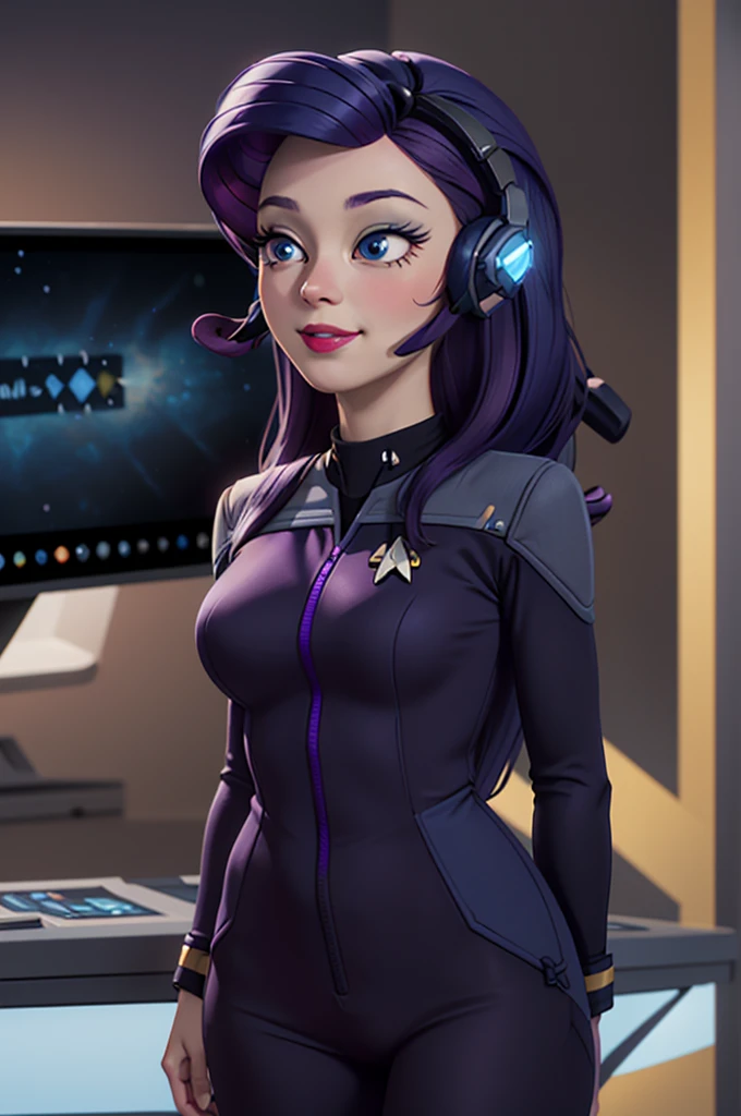 wide shot, ((best quality)), ((highly detailed)), masterpiece, (detailed eyes, deep eyes), (1girl), dynamic angle, cowboy shot, mlprarity, woman, smile, looking at viewer, ((bright purple hair)), ((blue eyes)), Standing next to a computer panel, (((wearing a headphones))), large breasts, realistic proportions, curvy body, lipstick, curvy hips, busty, subtly visible breasts, (((star trek warp core background))), dim lighting, facing computer screen, black uniform, grey shoulders,((( unzipping uniform)))