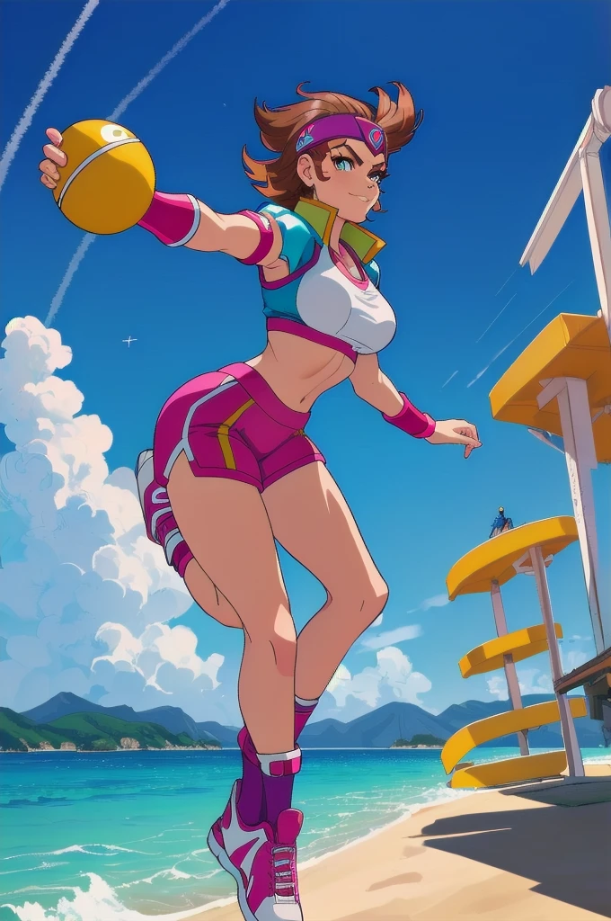 seguro para o trabalho,(composição perfeita),imaginei uma garota com roupa de esporte radical jogando um jogo de disco voador em uma arena de praia., obra de arte, Ultra-detalhado, 80's anime (estilo), 2D, Megapixels, perfeccionismo, Full HD , 4K, (bloqueadores de vento), bloqueadores de vento sport game, bloqueadores de vento 2 (((((solo maduro anime mulher,)))))++++++++++++++++++, Olhando para o visualizador, corpo todo, cabelo castanho e cabelo rosa, cabelo curto, cabelo estranho, sorriso, lábios, cílios, seios médios, uniforme de ginásticae, uniforme, shorts de ginástica, arco de cabelo, esportes bem, cotoveleira, joelheira, extreme sports outfit 80's theme, fundo de praia, jogando jogo de disco voador em um jogo de quadra de praia, mar, sol no céu, roupa de esporte