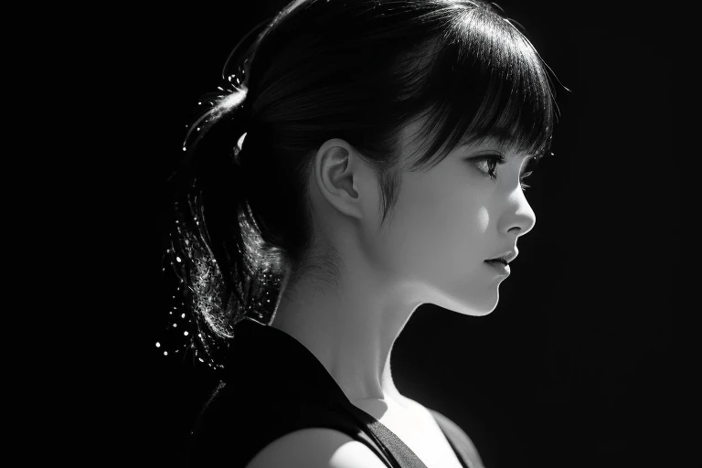 (woman), ((Black and White)), Artistic, ((monochrome)), クラchic, elegant, Contrast, shadow, highlight, dramatic, timeless, of the era, chic, Soft Focus, silhouette, Minimalist, Charm, Sophisticated, Portrait, beauty, details, composition, Light and shadow, texture, emotion, depth, simple, Shades, Vivid, High contrast, stylish