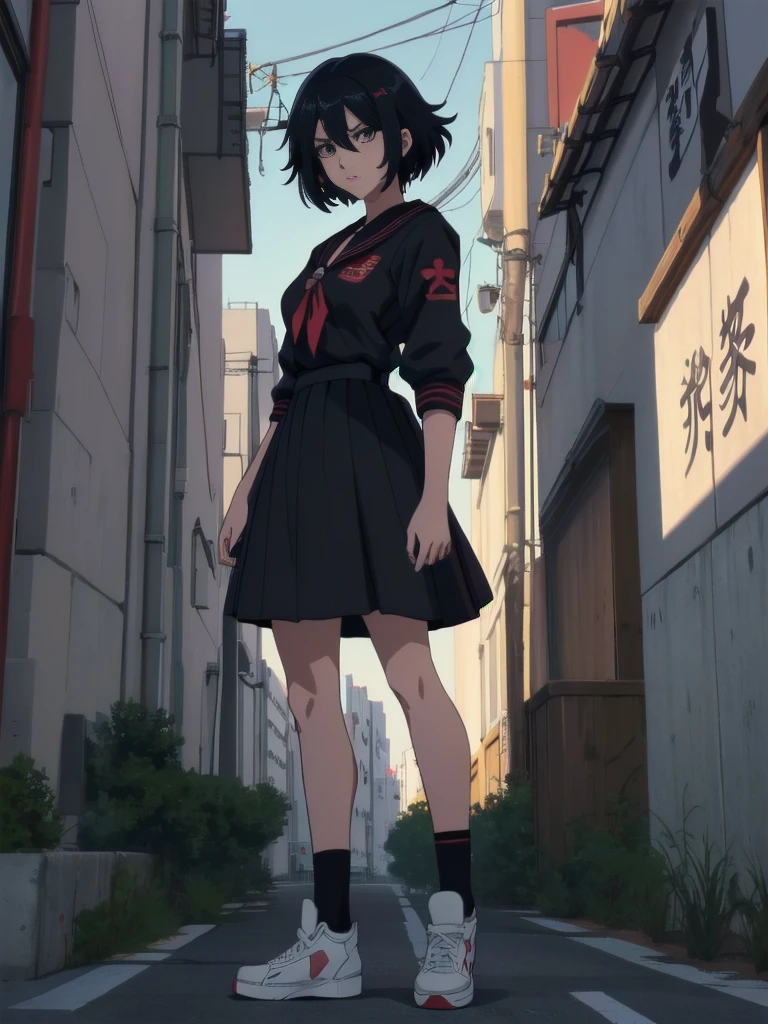 (composição perfeita), (Alta resolução, obra de arte, ultra melhor qualidade, ultra alta definição, 4K,alta definição, altamente detalhado ),personagem de anime garota delinquente Sukeban parada na esquina de uma cidade em seifuku preto com saia preta muito longa, estilo anime. 8K, estilo anime mixed with fujifilm, garota de anime retrô, estilo animed digital art, em Tóquio, estilo anime illustration, estilo anime 4 k, estilo anime artwork, cartaz de anime filme ainda retrato, Cena de anime de Tóquio, modern estilo anime, estilo anime digital art, cabelo curto, 26 anos, converse vermelho,