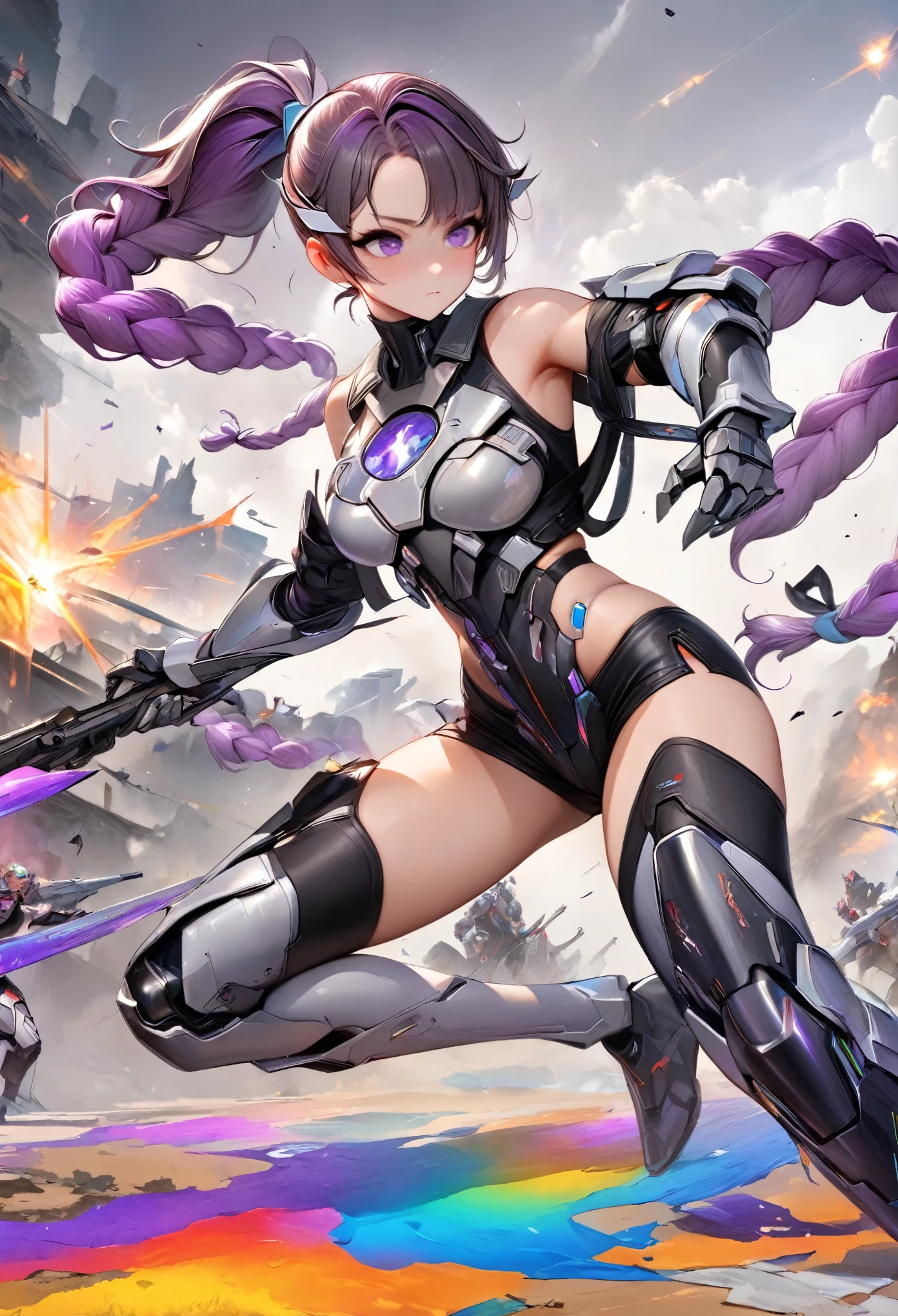 (1boy，Futuristic Techno Mechanical Armor，Strong body:1.5)，(boy and girl fighting:1.9)，1girl, (Purple and White Ombre Double Braid Long Ponytail:1.3), (A bunch of dark purple hair on the forehead), (Dark purple eyes)，brave, White Mech SuitBREAK Black Mech Shorts, panoramic，whole body，The figure is in the center，(Bright colors:1.5)，(Ultra high saturation:1.6), (UHD, masterpiece, ccurate, anatomically correct, best quality, 8k), 1yj1