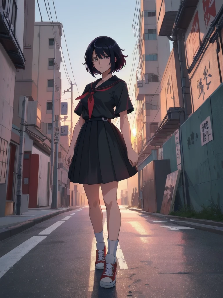 (composition parfaite), (haute résolution, chef-d&#39;œuvre, ultra meilleure qualité, Ultra HD, 4k,HD, très détaillé ),personnage d&#39;anime fille délinquante Sukeban debout sur un coin de rue de la ville en seifuku noir avec jupe très longue noire, Style animé. 8k, Style animé mixed with fujifilm, fille d&#39;anime rétro, Style animéd digital art, à Tokyo, Style animé illustration, Style animé 4 k, Style animé artwork, anime affiche film encore portrait, scène d&#39;anime de tokyo, modern Style animé, Style animé digital art, Cheveux courts, 26 ans, converse rouge,