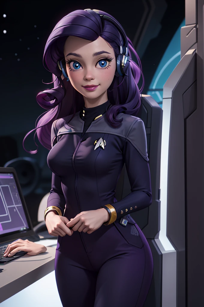 wide shot, ((best quality)), ((highly detailed)), masterpiece, (detailed eyes, deep eyes), (1girl), dynamic angle, cowboy shot, mlprarity, woman, smile, looking at viewer, ((bright purple hair)), ((blue eyes)), Standing next to a computer panel, (((wearing a headphones))), large breasts, realistic proportions, curvy body, lipstick, curvy hips, busty, subtly visible breasts, (((star trek warp core background))), dim lighting, facing computer screen, black uniform, grey shoulders,(((unzipping uniform)))
