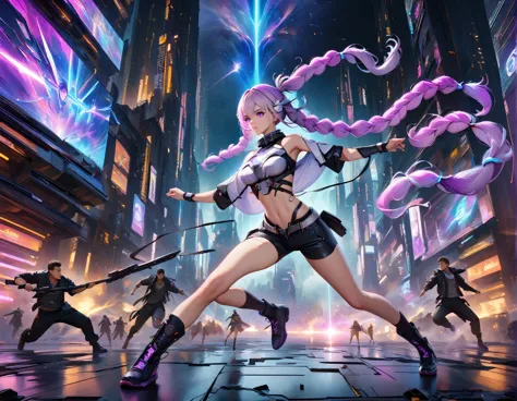 1girl, Purple Hair, Purple Eyes, White long hair, Double ponytails, Gradient hair, brave, White Mech SuitBREAK Black Mech Shorts, (Fighting with a boy:1.5)，panoramic，whole body，Starry Sky，Cyber War Background，Complex atmosphere，Cyberpunk，electric，Fantasy, ...