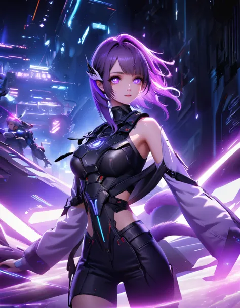 A girl，Gradient purple hair，Double tail，Purple pupils，Blue-purple hue，Sci-fi scene with blue background，neon，FF15 style, perfect...