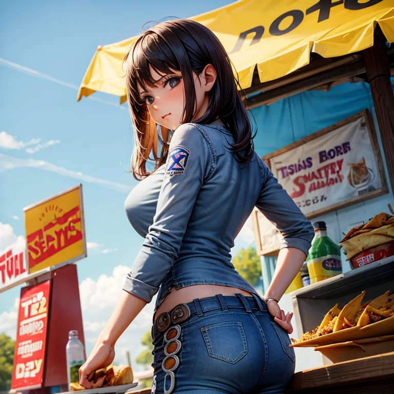 A woman in full-zip shorts eats a tlayuda at a taco stand　Jeans have a belt　　　With side slits　Big Ass　　Upper body naked