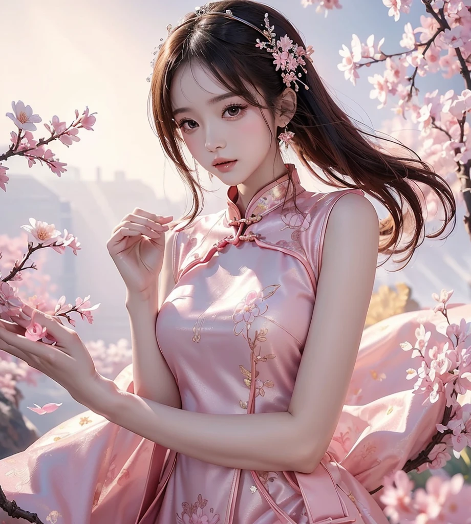 (masterpiece), best quality, high resolution, Extremely detailed, A beautiful pink dress in Chinese style, Chinese elegant dress, Fine details, Cheongsam is beautiful and elegant, Colorful, Clothes floating, Many details, Pink petals, Sunlight on the skin, brilliant, Hairpin.