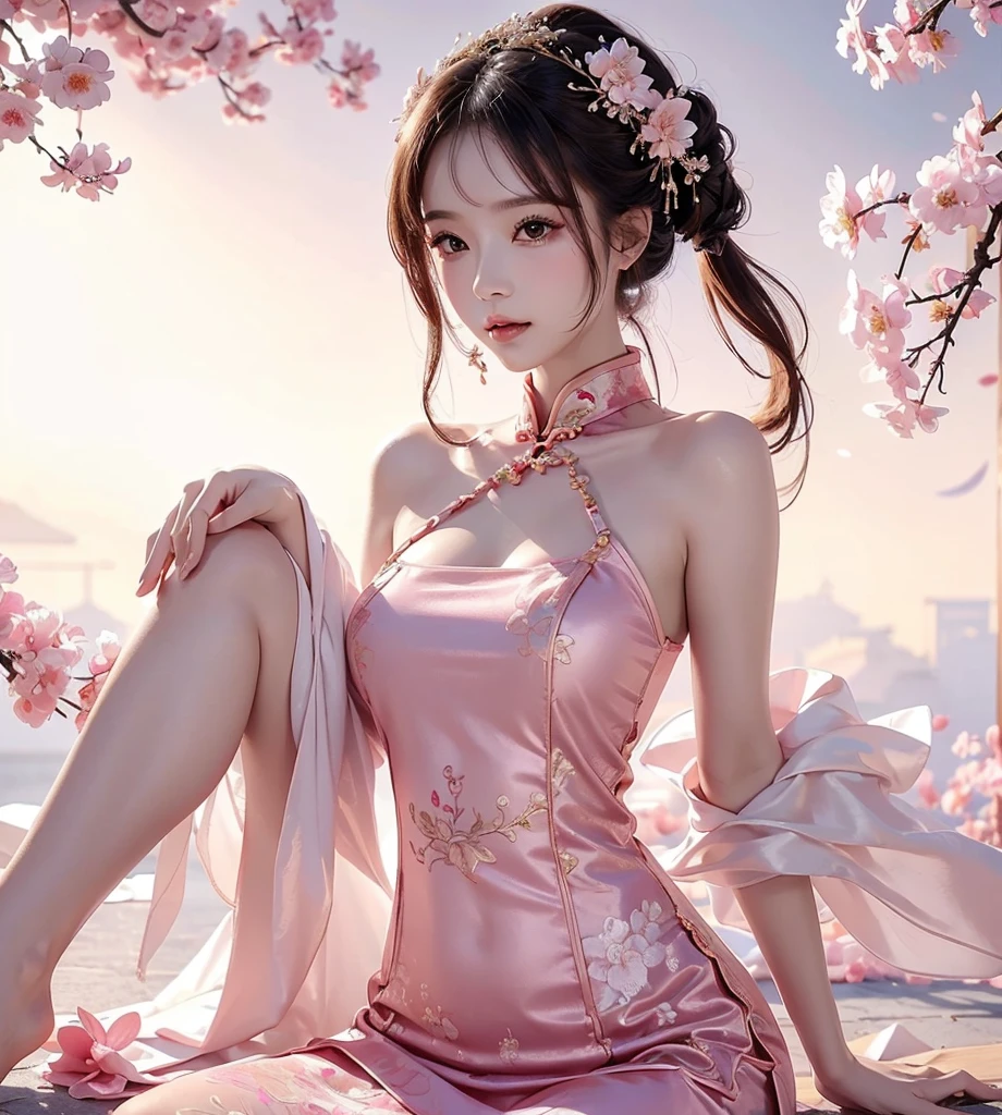 (masterpiece), best quality, high resolution, Extremely detailed, A beautiful pink dress in Chinese style, Chinese elegant dress, Fine details, Cheongsam is beautiful and elegant, Colorful, Clothes floating, Many details, Pink petals, Sunlight on the skin, brilliant, Hairpin.