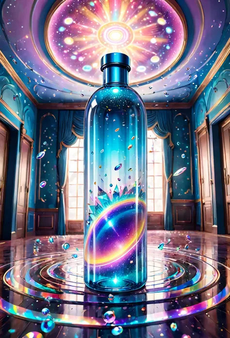 best quality, super fine, 16k, delicate and dynamic, 4D artwork, transparent and translucent empty plastic bottle falling from the ceiling, glittery velvet room, iridescent magic circle on the floor, various image effects