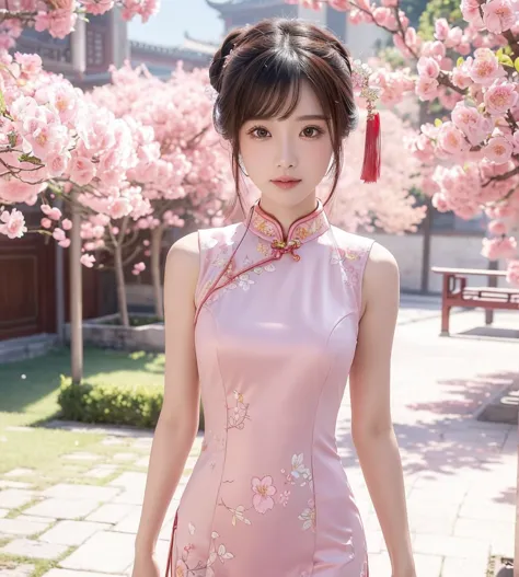 (masterpiece), best quality, high resolution, Extremely detailed, A beautiful pink cheongsam in Chinese style, , Chinese sexy dr...