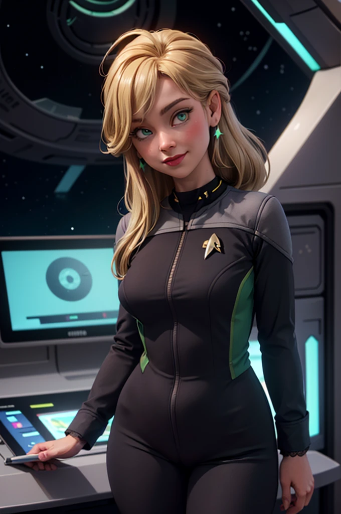 wide shot, ((best quality)), ((highly detailed)), masterpiece, (detailed eyes, deep eyes), (1girl), dynamic angle, cowboy shot, mlpapplejack, woman, smile, looking at viewer, ((long blonde hair)), ((green eyes)), hair in a low ponytail, standing next to the warp core, large breasts, realistic proportions, curvy body, lipstick, curvy hips, busty, subtly visible breasts, (((star trek warp core background))), dim lighting, facing computer screen, black uniform, grey shoulders,(((unzipping uniform))), (((visible lace bra))), opening jacket, holding a tablet