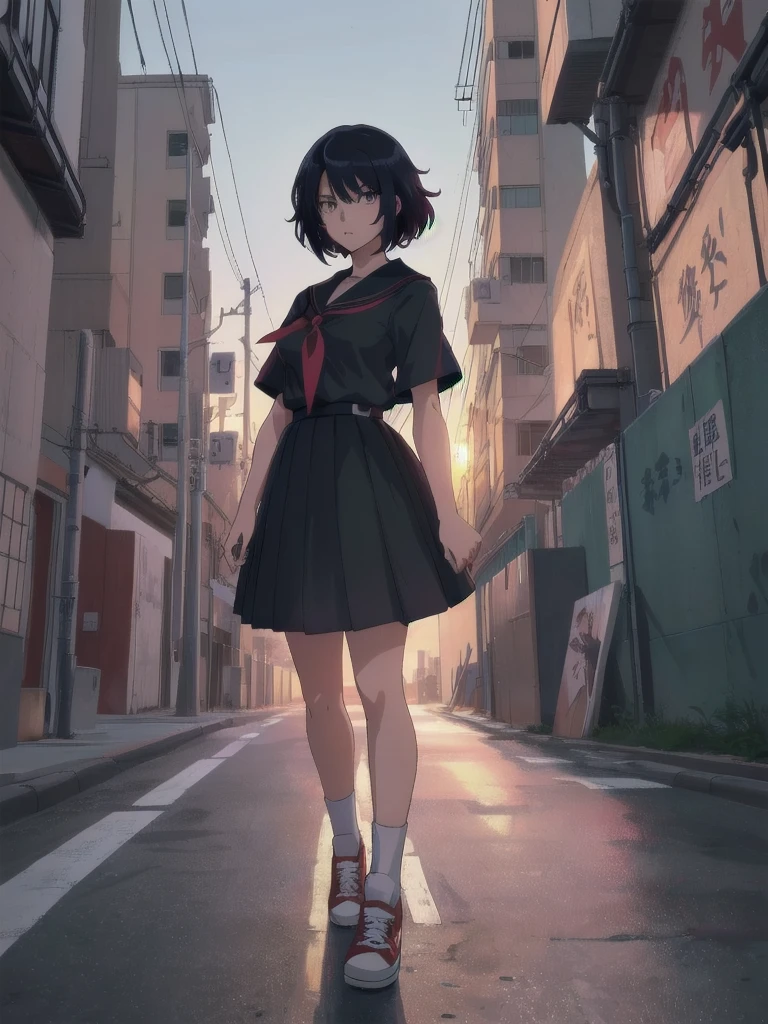 (composition parfaite), (haute résolution, chef-d&#39;œuvre, ultra meilleure qualité, Ultra HD, 4k,HD, très détaillé ),personnage d&#39;anime fille délinquante Sukeban debout sur un coin de rue de la ville en seifuku noir avec jupe très longue noire, Style animé. 8k, Style animé mixed with fujifilm, fille d&#39;anime rétro, Style animéd digital art, à Tokyo, Style animé illustration, Style animé 4 k, Style animé artwork, anime affiche film encore portrait, scène d&#39;anime de tokyo, modern Style animé, Style animé digital art, Cheveux courts, 26 ans, converse rouge,