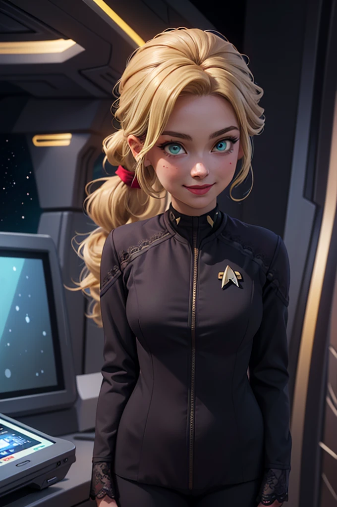 wide shot, ((best quality)), ((highly detailed)), masterpiece, (detailed eyes, deep eyes), (1girl), dynamic angle, cowboy shot, mlpapplejack, woman, smile, looking at viewer, ((long blonde hair)), ((green eyes)), (((hair in a low ponytail))), standing next to the warp core, large breasts, realistic proportions, curvy body, lipstick, curvy hips, busty, subtly visible breasts, (((star trek warp core background))), dim lighting, facing computer screen, black uniform, grey shoulders,(((unzipping uniform))), (((visible lace bra))), opening jacket, holding a tablet, gold bra, holding jacket open