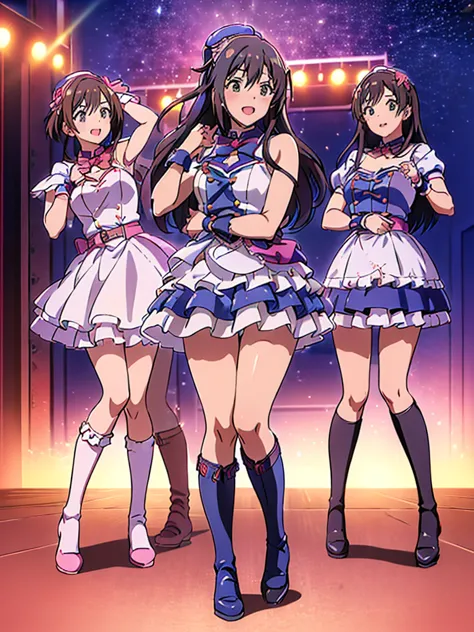 highest quality, Ultra-high resolution, (Realistic: )2D official style cel animation,((Live Stageで飛び跳ねる女の子４people々))Idol Costume...