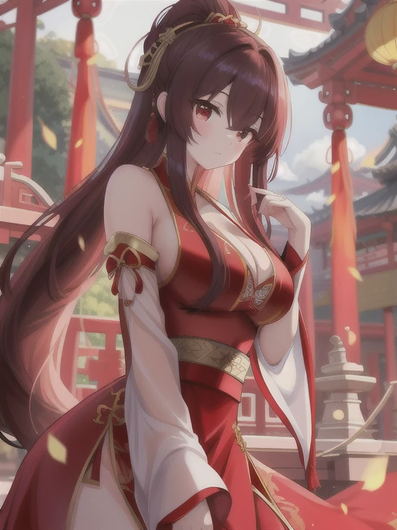 Close-up de uma mulher em um vestido vermelho，Ela está posando para uma foto, Popular na cgstation, Mulher de anime bonita e atraente, autor：Yang Jie, linda pintura de personagem, Tendências de cgstation, Palácio, Garota usando Hanfu, garota de cabelo comprido de anime, linda mulher de anime, chinês, chinês Girl, (((seios grandes、Corte baixo，decote, quadris largos,)))((Pernas longas)),figura de ampulheta,Gouwez, linda garota de anime, 8K, muito limpo, belas