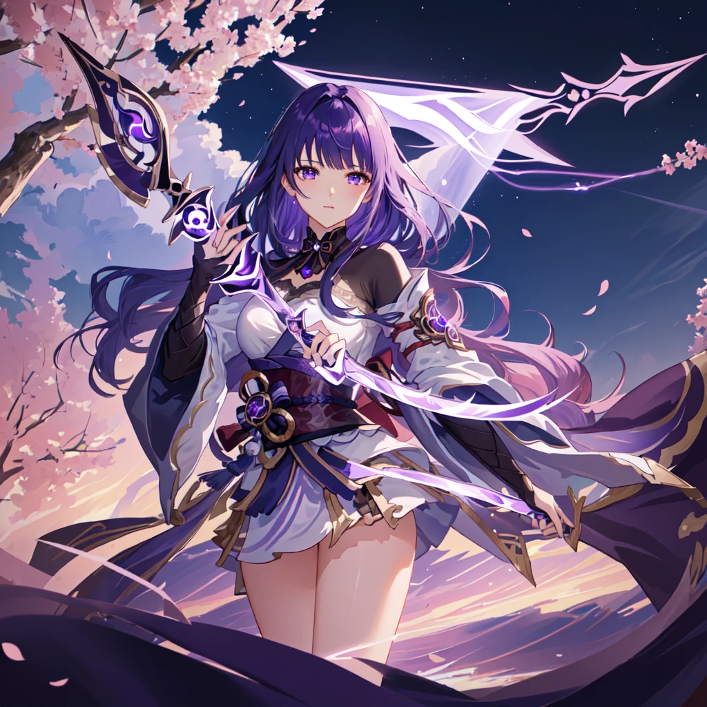 Anime girl holding a long sword, keqing from Genshin Impact impact, ayaka Genshin Impact  （Background cherry blossoms ，Falling，Detailed texture of clouds，night ，Depth of Field）Charming face,  Falling cherry blossom single ponytail ,Purple hair, Purple Eyes,  Delicate face, Delicate skin electricity, lightning, Cultural Relics,Purple Magic, Halation, whole body,Magic Light, Side Light, thigh, destiny \(series\), Genshin Impact, open jacket, skirt, High leg raise Highest quality Ultra high resolution, Practical, Detailed hair, Very detailed, fine details, Super detailed