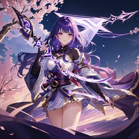 Anime girl holding a long sword, keqing from Genshin Impact impact, ayaka Genshin Impact  （Background cherry blossoms ，Falling，D...
