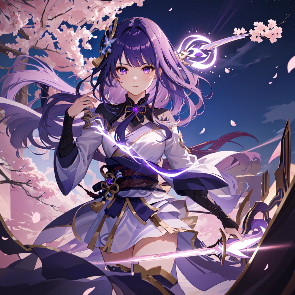 Anime girl holding a long sword, keqing from Genshin Impact impact, ayaka Genshin Impact  （Background cherry blossoms ，Falling，Detailed texture of clouds，night ，Depth of Field）Charming face,  Falling cherry blossom single ponytail ,Purple hair, Purple Eyes,  Delicate face, Delicate skin electricity, lightning, Cultural Relics,Purple Magic, Halation, whole body,Magic Light, Side Light, thigh, destiny \(series\), Genshin Impact, open jacket, skirt, High leg raise Highest quality Ultra high resolution, Practical, Detailed hair, Very detailed, fine details, Super detailed