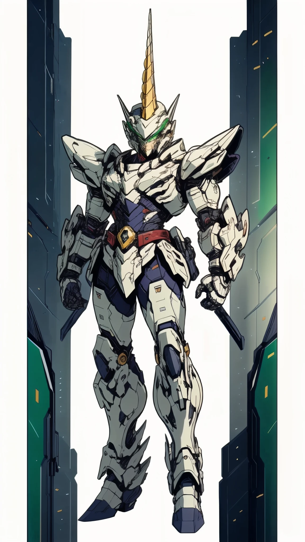 A man wearing a full-face helmet, a fantasy-style biotech armored combat suit, green eyes, (a composite layered chest armor), fully enclosed shoulder guards, matching arm and leg guards, the belt is adorned with Horseshoe-shaped marker, (the color scheme is primarily white with green accents), the design balances heavy with agility, a high-tech bio-mecha armor, (Armor Concept Inspired by Unicorn, stand on the top of a skyscraper in a futuristic sci-fi city), this character embodies a finely crafted fantasy-surreal style armored hero in anime style, exquisite and mature manga art style, (battle damage, element, plasma, energy, the armor glows), ((male:1.5)), metallic, real texture material, dramatic, high definition, best quality, highres, ultra-detailed, ultra-fine painting, extremely delicate, professional, perfect body proportions, golden ratio, anatomically correct, symmetrical face, extremely detailed eyes and face, high quality eyes, creativity, RAW photo, UHD, 32k, Natural light, cinematic lighting, masterpiece-anatomy-perfect, masterpiece:1.5