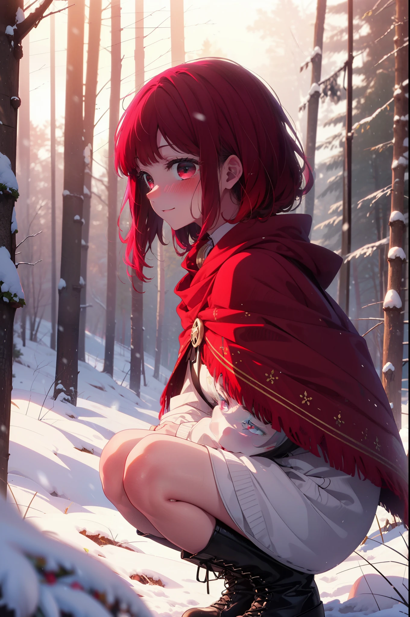 canary, Arima etc.,  Long Hair,bangs, (Red eyes:1.3), Redhead, smile,Small breasts,ribbon,smile,blush,White Breath,
Open your mouth,snow,Ground bonfire, Outdoor, boots, snowing, From the side, wood, suitcase, Cape, Blurred, , forest, White handbag, nature,  Squat, Mouth closed, Cape, winter, Written boundary depth, Black shoes, red Cape break looking at viewer, Upper Body, whole body, break Outdoor, forest, nature, break (masterpiece:1.2), highest quality, High resolution, unity 8k wallpaper, (shape:0.8), (Beautiful and beautiful eyes:1.6), Highly detailed face, Perfect lighting, Highly detailed CG, (Perfect hands, Perfect Anatomy),