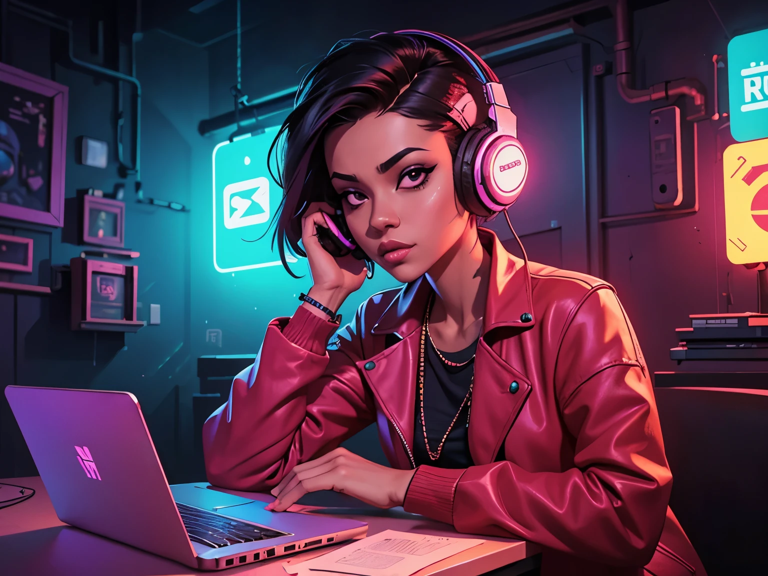 there is a light-skinned woman sitting at a table with a laptop and headphones, com os cabelos curtos e cacheados na cor marsala, com uma touca cobrindo seus cabelos no estilo anonymus, cyberpunk art inspired by Duskwood trends in urban society in Japan, arte digital, Relaxar, arte de fundo, Estilo de arte lofi, cyberpunk vibes, onda de vapor, Estilo de arte ]!!, retrato de lofi, [ Estilo de arte synthwave neon]!!