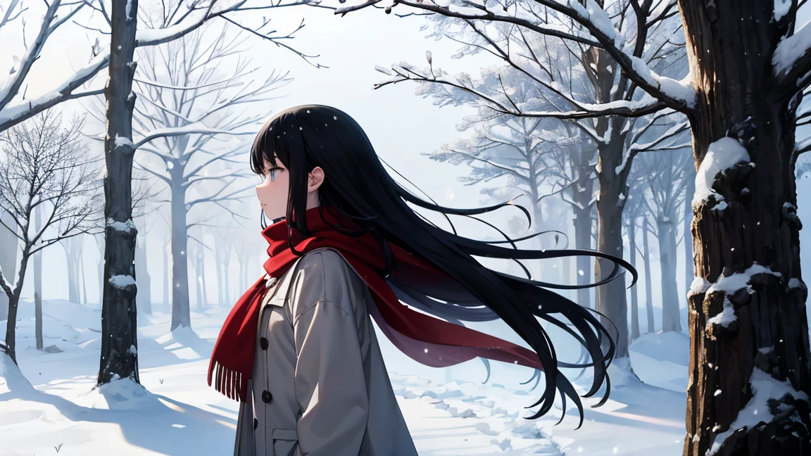 静かな雪景色の中で、静かに手のひらに雪を受け取る若い女性の横顔。彼女は黒髪で赤いスカーフを巻いている、柔らかいグレーのコートを着て。背景には葉のついた木がある.々しかし、漠然と説明されている.、雪の静寂と優しい雰囲気。アートスタイルはアニメ風.、淡い色彩と繊細な影が特徴。