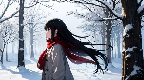 In the quiet snowy scenery、Profile of a young woman quietly receiving snow in her palm。She has black hair and wears a red scarf、...