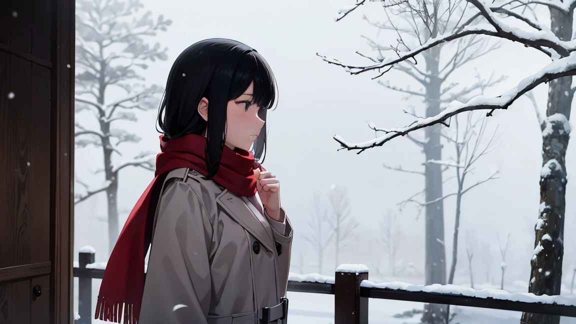 In the quiet snowy scenery、Profile of a young woman quietly receiving snow in her palm。She has black hair and wears a red scarf、Wearing a soft grey coat。In the background there is a tree with leaves.々but、It is vaguely described.、The silence and gentle atmosphere of snow。The art style is anime-style.、Characterized by pale colors and delicate shadows。