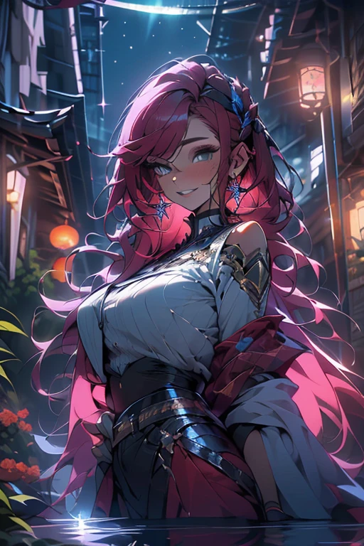 ((best quality)), ((masterpiece)), (detailed), beautiful girl with maroon colored hair surrounded by magic, modestly dressed and happy, looking up into the night sky