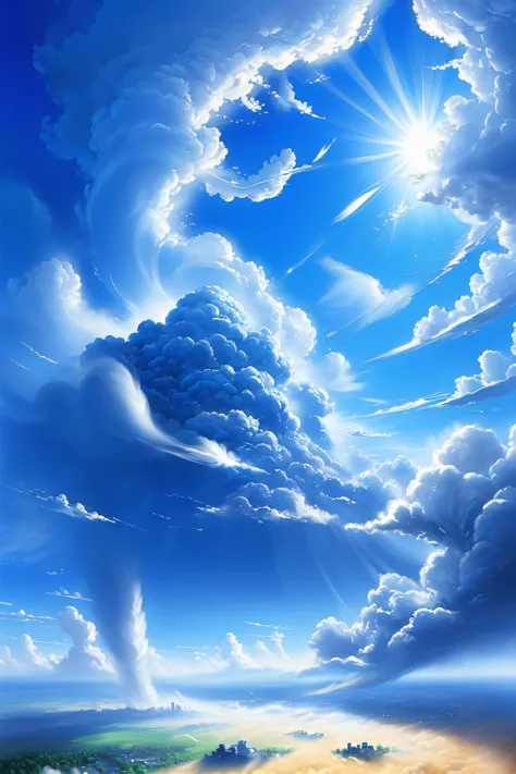 a painting of a sky with clouds and a sun in the middle