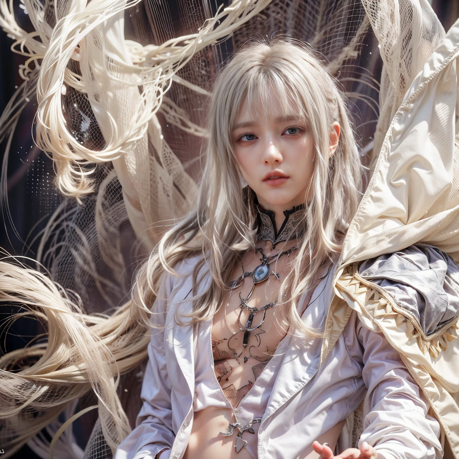 Highly detailed photo of a gorgeous vampire alien male, Renaissance, Long white hair, Complex white eyes, Fantasy, Mysterious, Super detailedな, 32K resolution, Dynamic Lighting, Covered navel, Super detailed, Exquisitely crafted, Trending on Art Station, White luxury suit, Volumetric lighting, Balenciaga Style