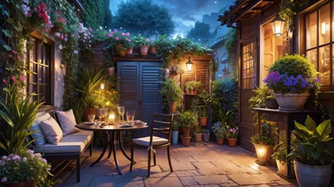 night,picture of a patio with a table, chair, potted plants, beautiful terrace, cute style garden, flowered cottage, beautiful h...