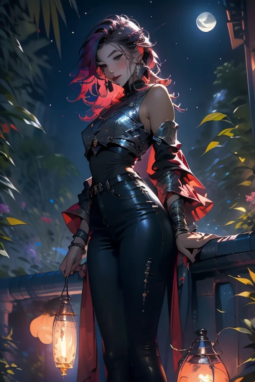 ((best quality)), ((masterpiece)), (detailed), beautiful girl with maroon colored hair surrounded by magic, modestly dressed and happy, looking up into the night sky