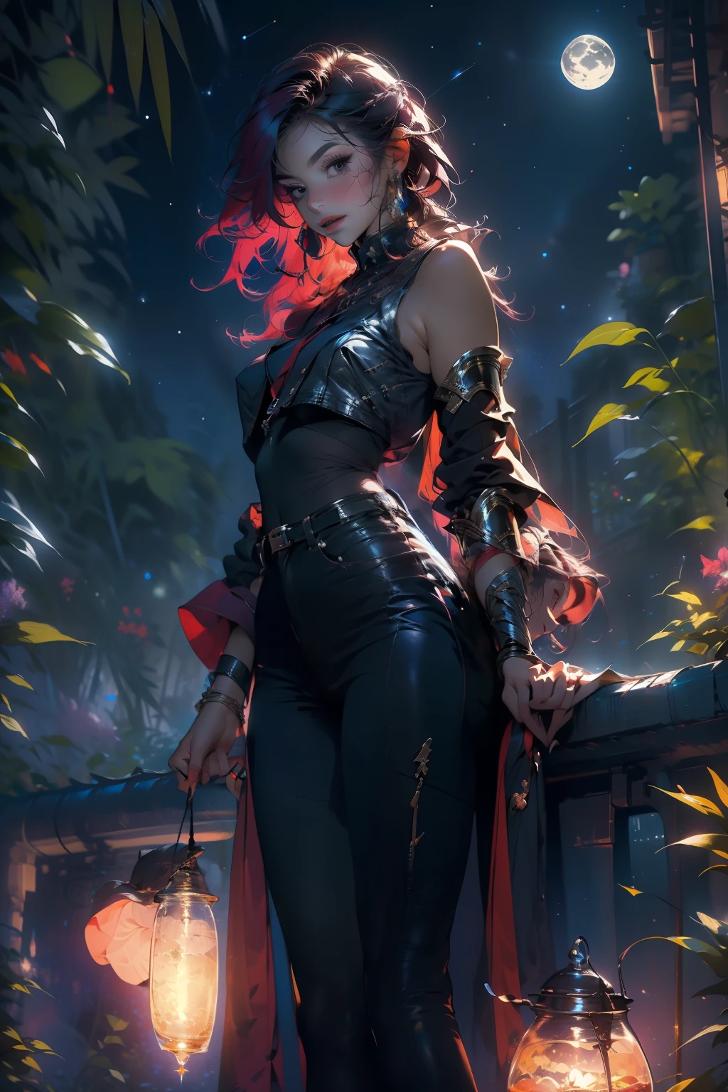 ((best quality)), ((masterpiece)), (detailed), beautiful girl with maroon colored hair surrounded by magic, modestly dressed and happy, looking up into the night sky