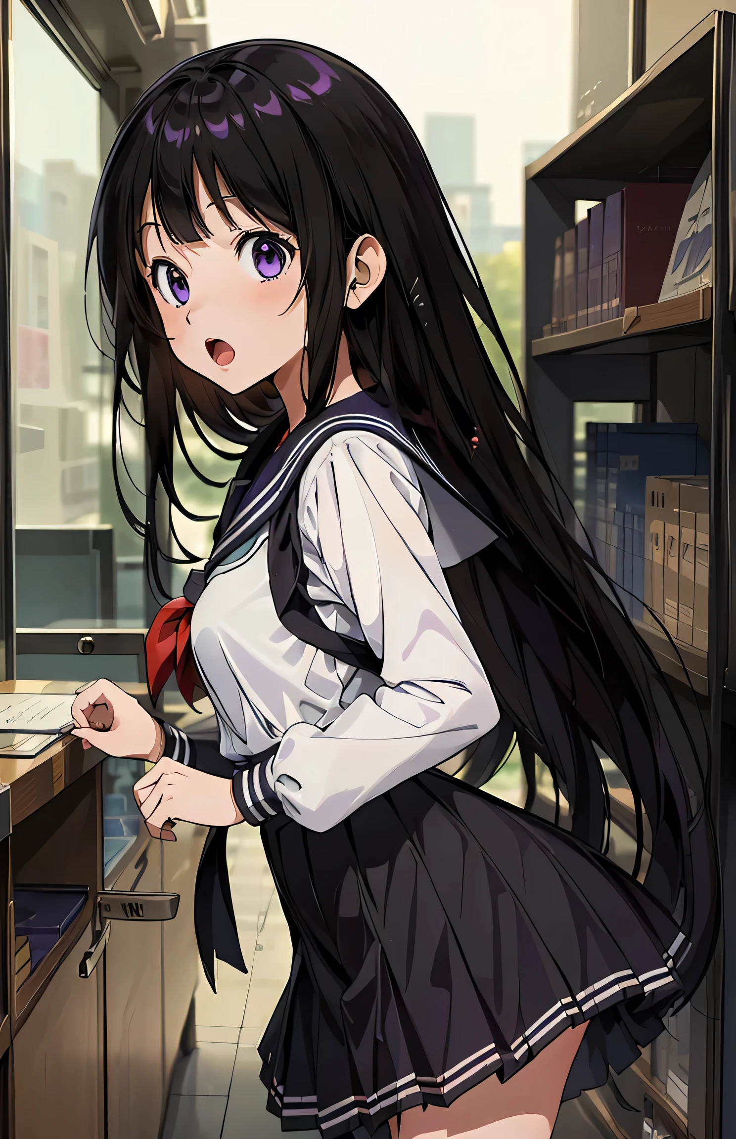 ((masterpiece,best quality,ultra detailed)),((serafuku,sailor suit,(high-waist skirt))),purple eyes,black hair,library,pleated skirt,dress,((cute,anime)),open mouth,curious,detail eyes