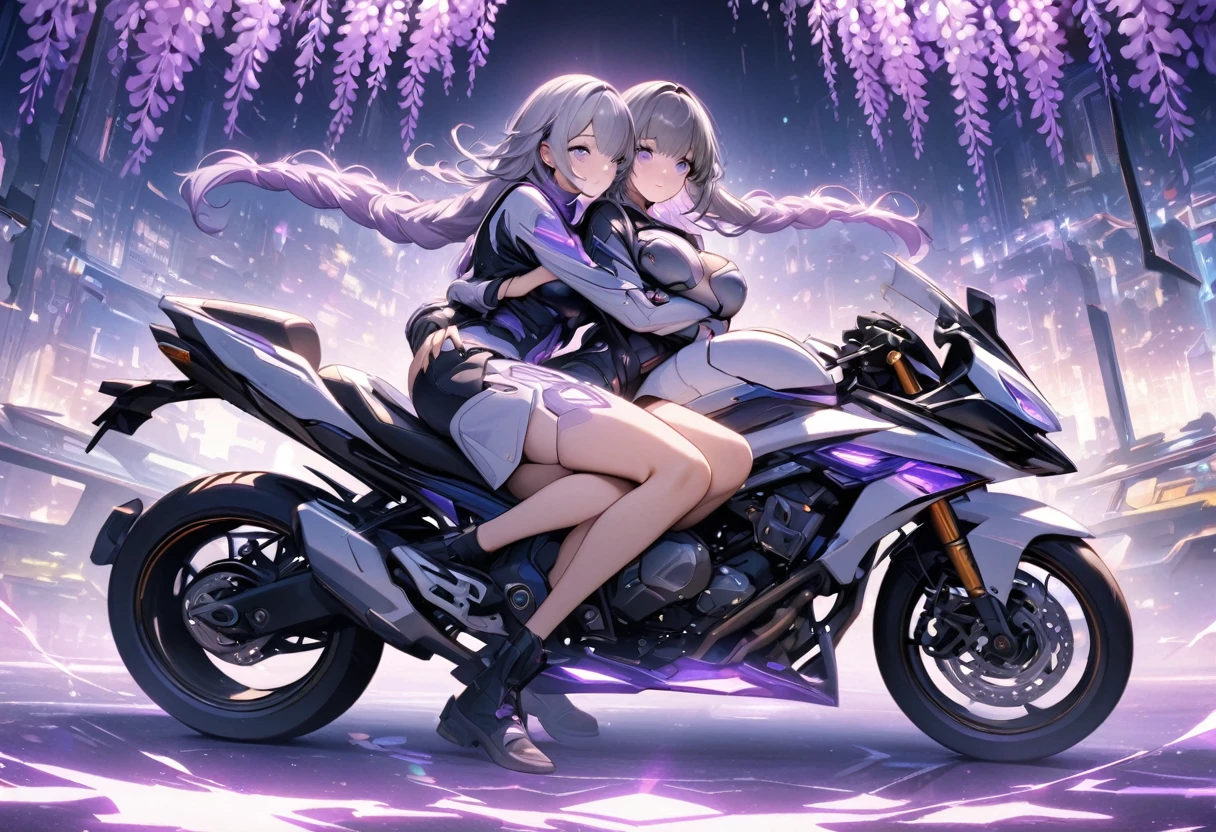 highest quality、Masterpiece、Official Art、16K、The best composition、The best light source、Super detailed、super beautiful、Super detailedな目、A futuristic couple riding a motorcycle, the girl is sitting behind the boy and hugging him from behind with her arms around his stomach、The bike is futuristic and purple neon、Boys have gray hair、The picture frame is a fractal art of wisteria trellis and the purple LED joint lighting creates a fantastic effect、