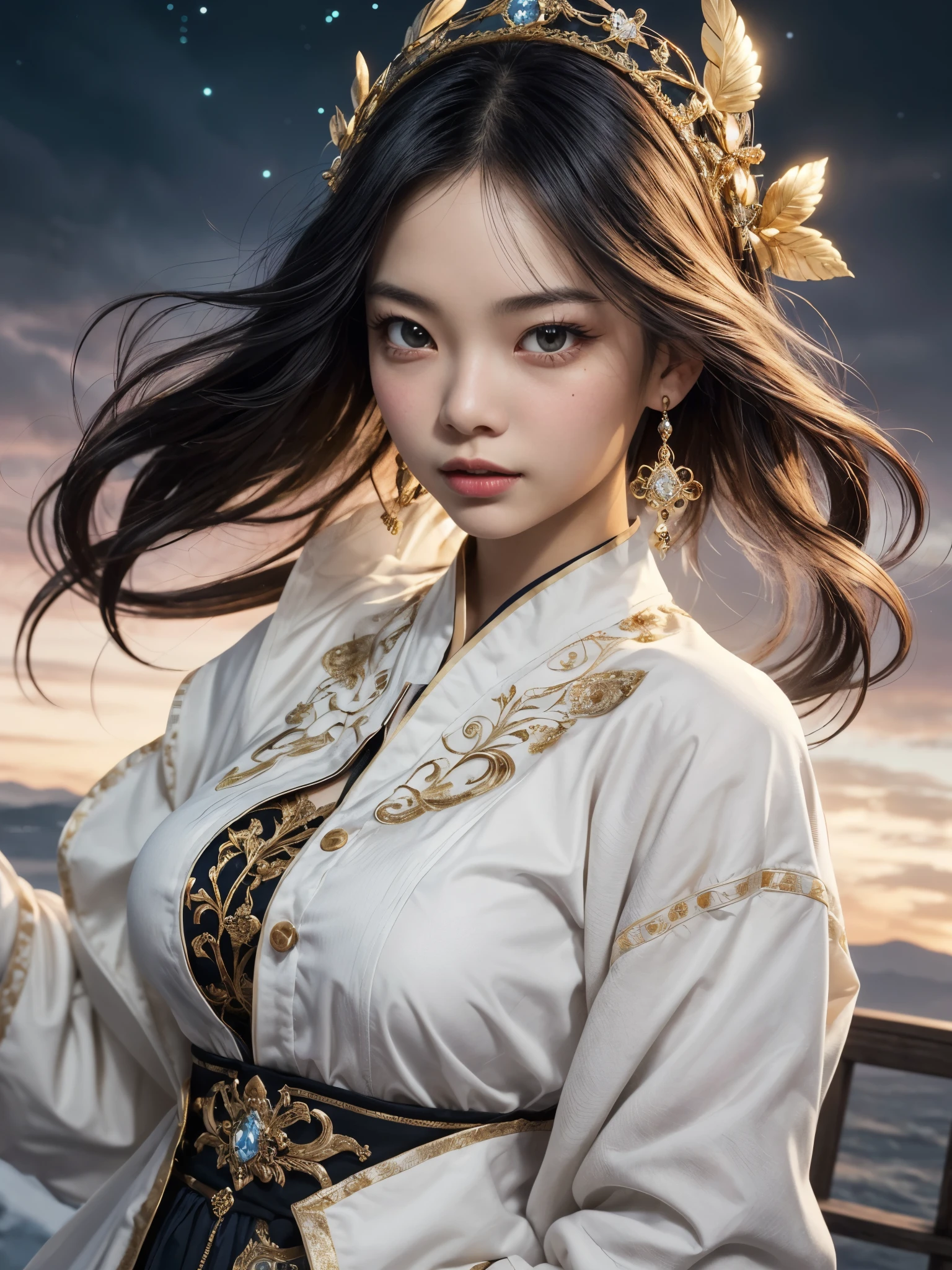 1girl, hand clasped down, traditional clothing, detailed face, (18yo), (asian:hispanic), warm olive skin undertone, (large breast), brown eyes, thick eyelashes, straigh long black hair, ornate headpiece jewelry, neat style hair, sparkling eyes, looking at viewer, dangle earring, bard, official art, white clothes, soft clothes, costumes fluttering in the wind, unity 8k wallpaper, super detailed, beautiful and aesthetic, masterpiece, top quality, grand, bold composition, glitter, lame, high definition, diagonal side composition, 