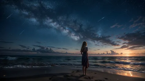Starry sky, sound of waves, fireflies, slow beat, woman standing on the beach