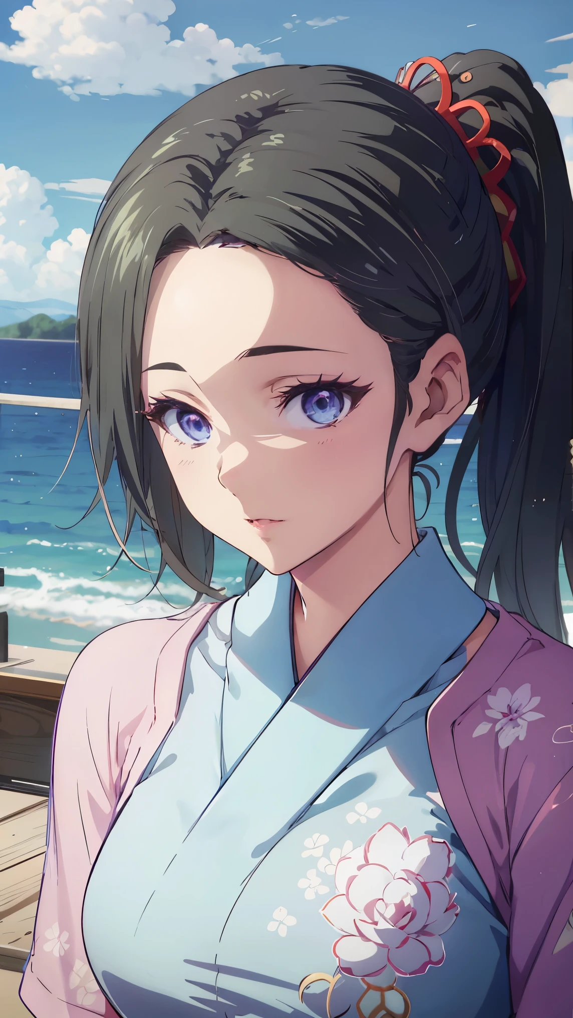 deep skin,textured skin, long hair, black hair, blue eyes, ponytail, highres:1.0), haruhiko_ichijou, makeup, purple lipstick, purple eyeshadow, beautiful face, hyperdetail face, in a white bikini and white lace jacket standing in front of the ocean, young sensual gravure idol, young pretty gravure idol, young gravure idol, realistic young gravure idol, young skinny gravure idol, japanese model, sophisticated gravure idol, ai yazawa, ayaka, Yoshitomo Nara