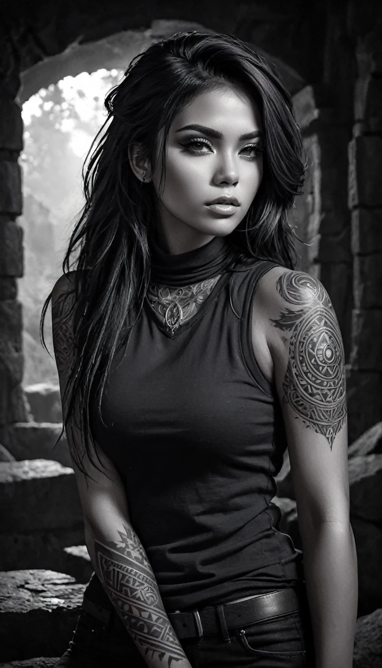 (monochrome:1.3), black and white photography, dark theme, (realistic, photo-realistic:1.37), (ohwx woman), woman with tribal tattoos on face and neck, realistic, cowboy shot, fantasy world, vibrant colors, dramatic lighting, oil painting style, mystical atmosphere, flowing hair, surreal landscapes, intricate details, ethereal beings, supernatural elements, ancient ruins, magical creatures