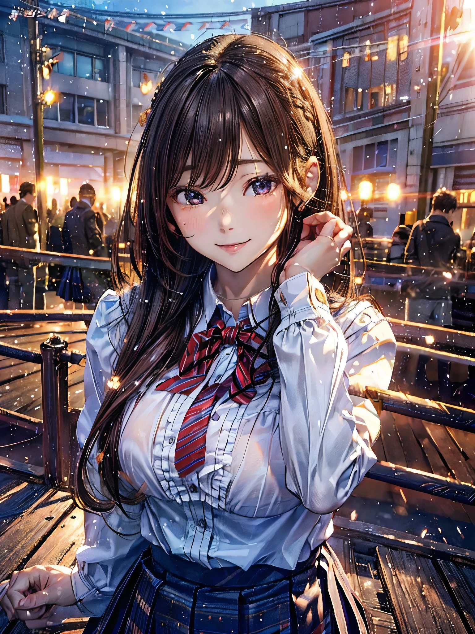 very cute, Great face and eyes、美しい素敵なsmile), (Highly detailed beautiful face), Bright and shiny lips, (school uniform, Pleated skirt:1.3), (最high quality:1.4), (超high quality), (Super detailed), (Surreal, Photorealistic:1.37), Real skin texture, Intricate details, Highly detailed CG synthesis 8k wallpaper, RAW Photos, Professional photography, Cinema Lighting, Expose, Big Breasts, 1 girl, alone, smile, Looking at the audience, masterpiece, 最high quality:1.4,high quality, ,(In 8K,,最high quality,Ultra-high resolution output images,),(Intricate details,),(Set the picture mode to Ultra HD),Detailed clothing features,Detailed hair features,Detailed facial features, sexy, Married women, Big Breasts, Big Tits, Bust L cup, Mature Woman, Brown, Long Hair, bra lift、Showing nipples