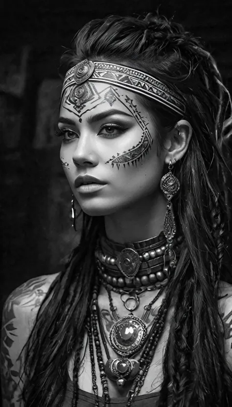 (monochrome:1.3), black and white photography, dark theme, (realistic, photo-realistic:1.37), (ohwx woman), woman with tribal ta...