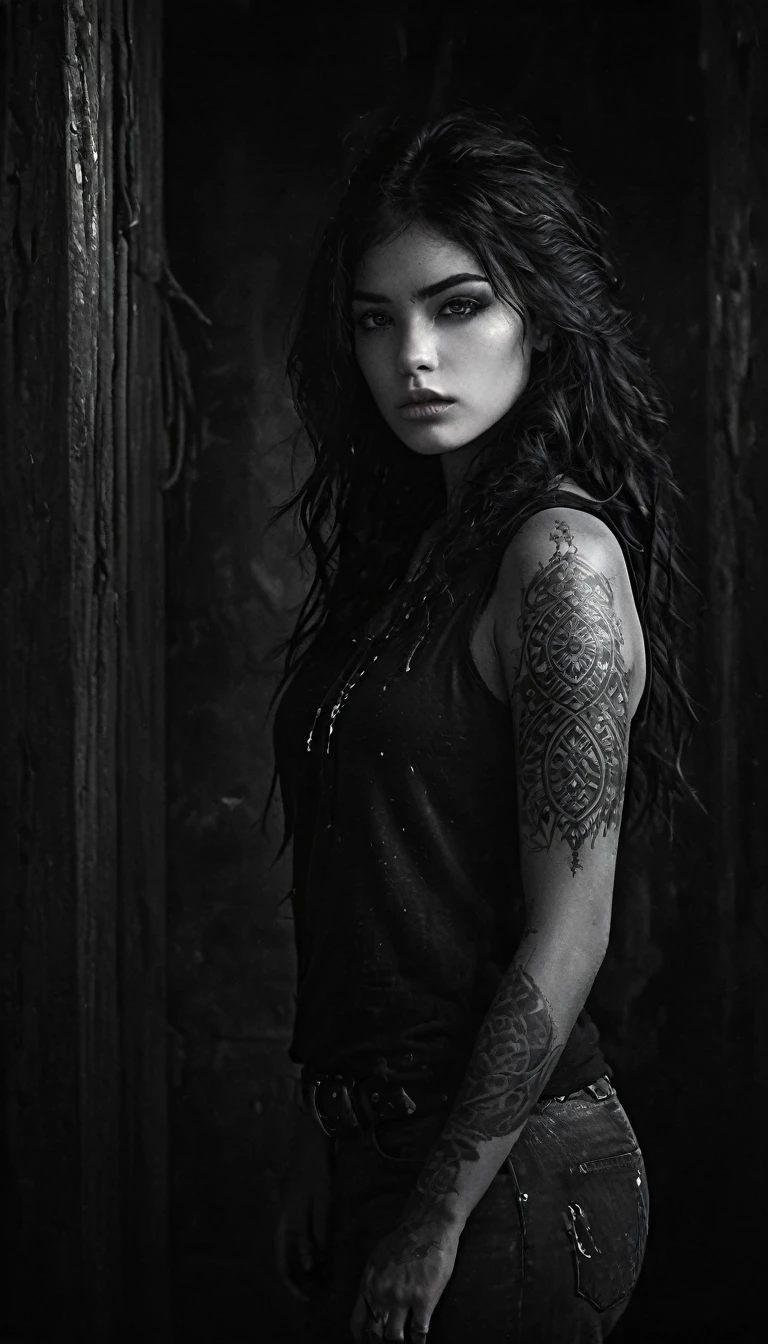 (monochrome:1.3), black and white photography, dark theme, (realistic, photo-realistic:1.37), (ohwx woman), jesica alba with tribal tattoos arms and neck, wearing a sleeveless sweatshirtrealistic, cowboy shot, fantasy world, dark colors, dramatic lighting, oil painting style, mystical atmosphere, flowing hair, surreal landscapes, intricate details, ethereal beings, supernatural elements, ancient ruins, magical creatures