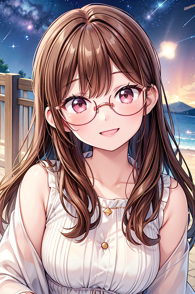 masterpiece、High resolution、High resolution、High resolution、1 female、(Close-up of a woman)、((Depiction of only the upper body))、((Brown Hair、Random hairstyle))、((Round frame glasses))、Pink lip gloss、Cute summer clothes、A kind smile、Smiling with teeth showing、((Starry Sky))、