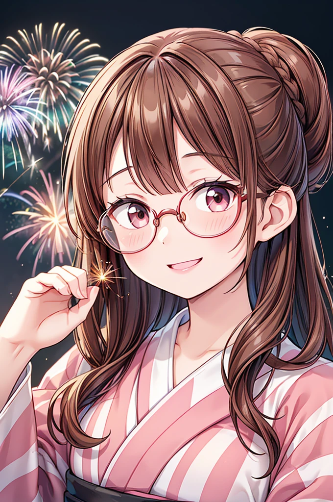 masterpiece、High resolution、High resolution、High resolution、1 female、(Close-up of a woman)、((Depiction of only the upper body))、((Brown Hair、Chignon))、((Round frame glasses))、Pink lip gloss、yukata、A kind smile、Smiling with teeth showing、((firework))、